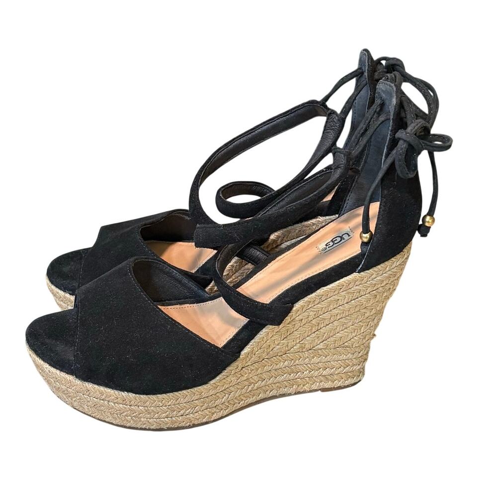 UGG Reagan Black Suede Espadrille Wedge Platform Ankle Tie Sandals Size 9